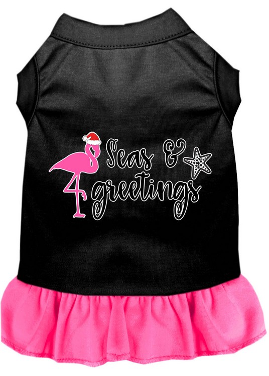 Seas and Greetings Screen Print Dog Dress Black with Bright Pink Med